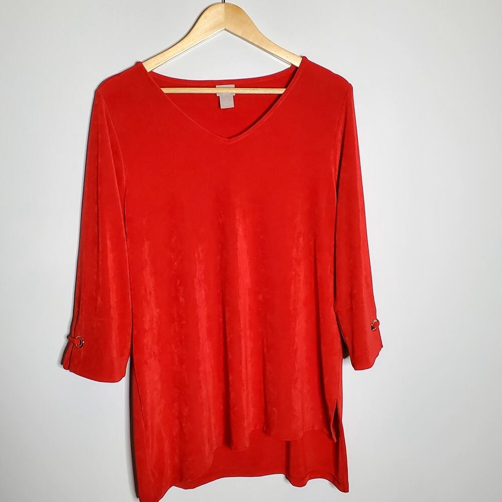 Chico's travelers Vibrant red Top stretchy jersey knit vneck long sleeve tunic